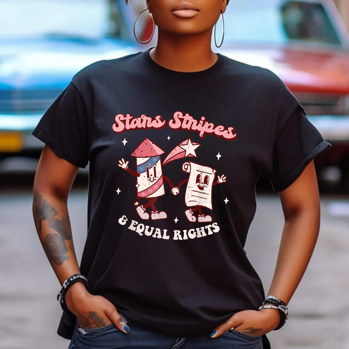 Stars Stripes & Equal Rights 4th Of July Retro Groovy T-Shirt