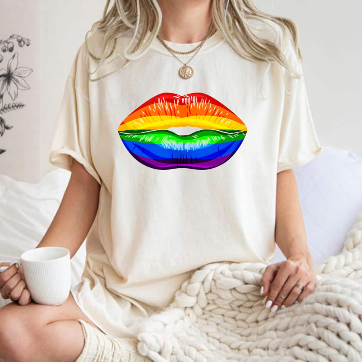 Gay Pride LGBTQ Equality Rainbow Kissing Lips T-Shirt