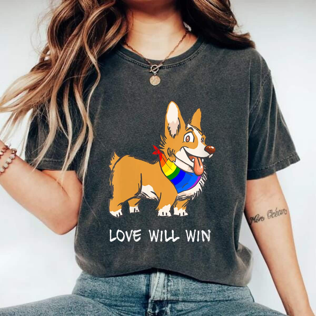 Womens Love Will Win LGBTQ Gay Pride Love Equality Cute Corgi Dog T-Shirt