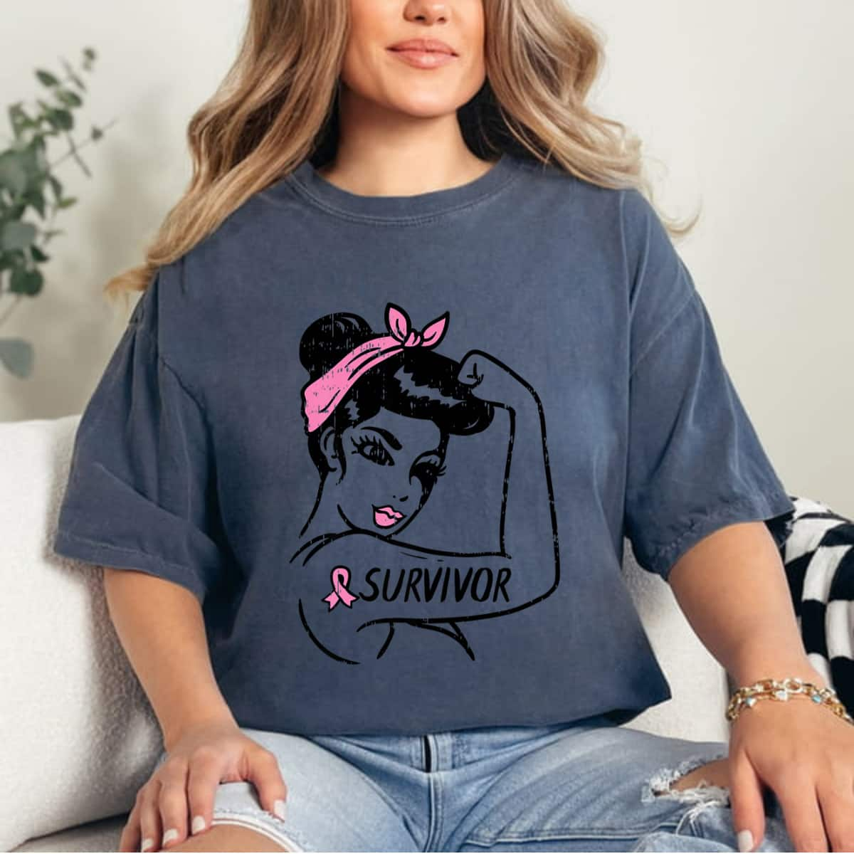 Strong Women Breast Cancer Survivor Rosie The Riveter Pink Awareness T-Shirt