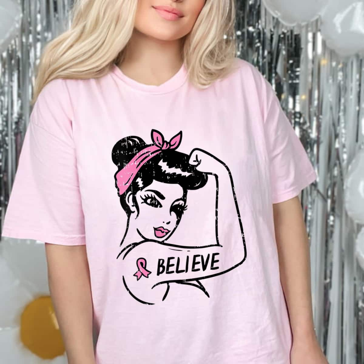 Strong Women Rosie Riveter Believe Pink Ribbon Breast Cancer Awareness T-Shirt