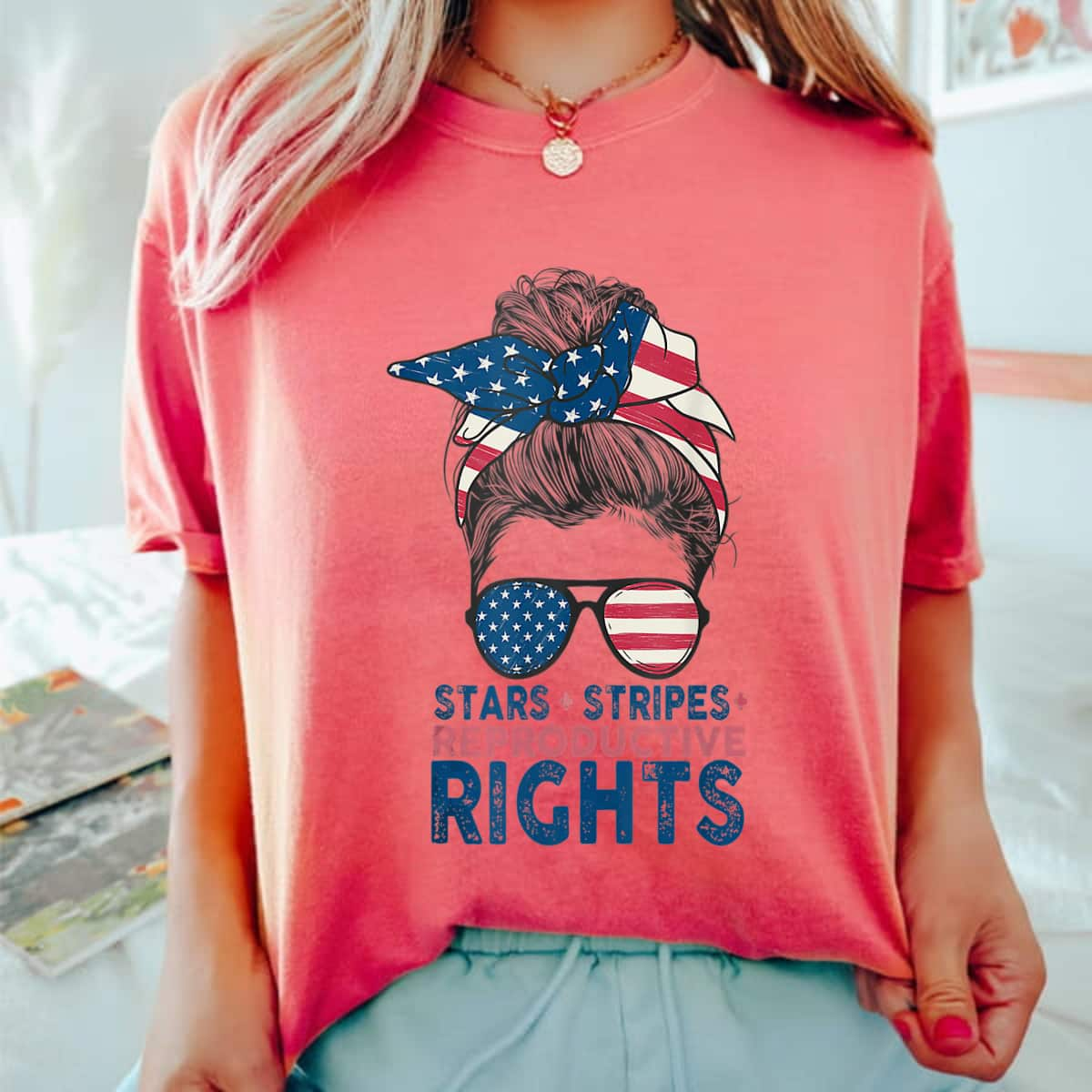 Strong Women Messy Bun American Flag, Stars Stripes Reproductive Rights T-Shirt