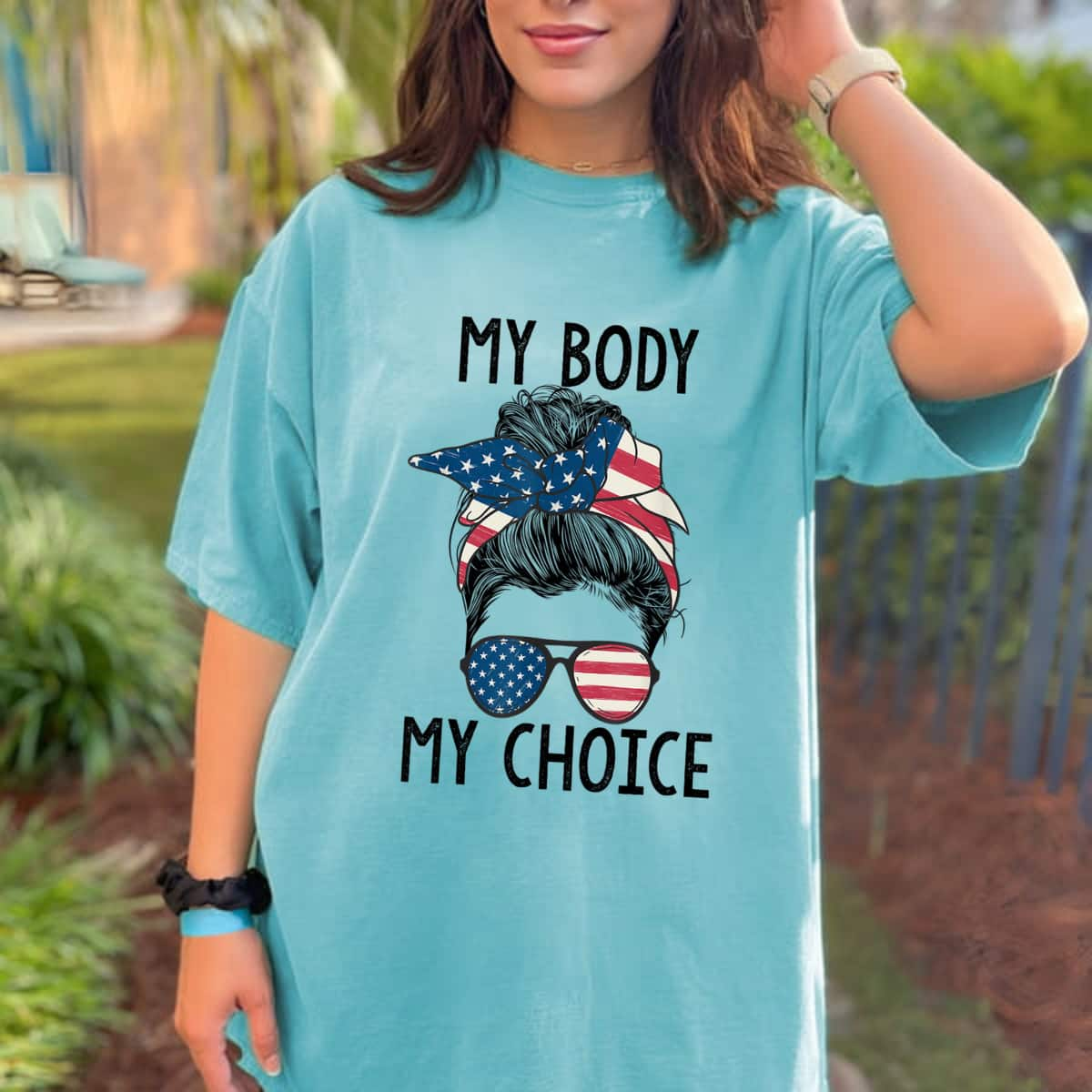 Strong Women My Body My Choice Pro Choice Messy Bun US Flag Feminist T-Shirt