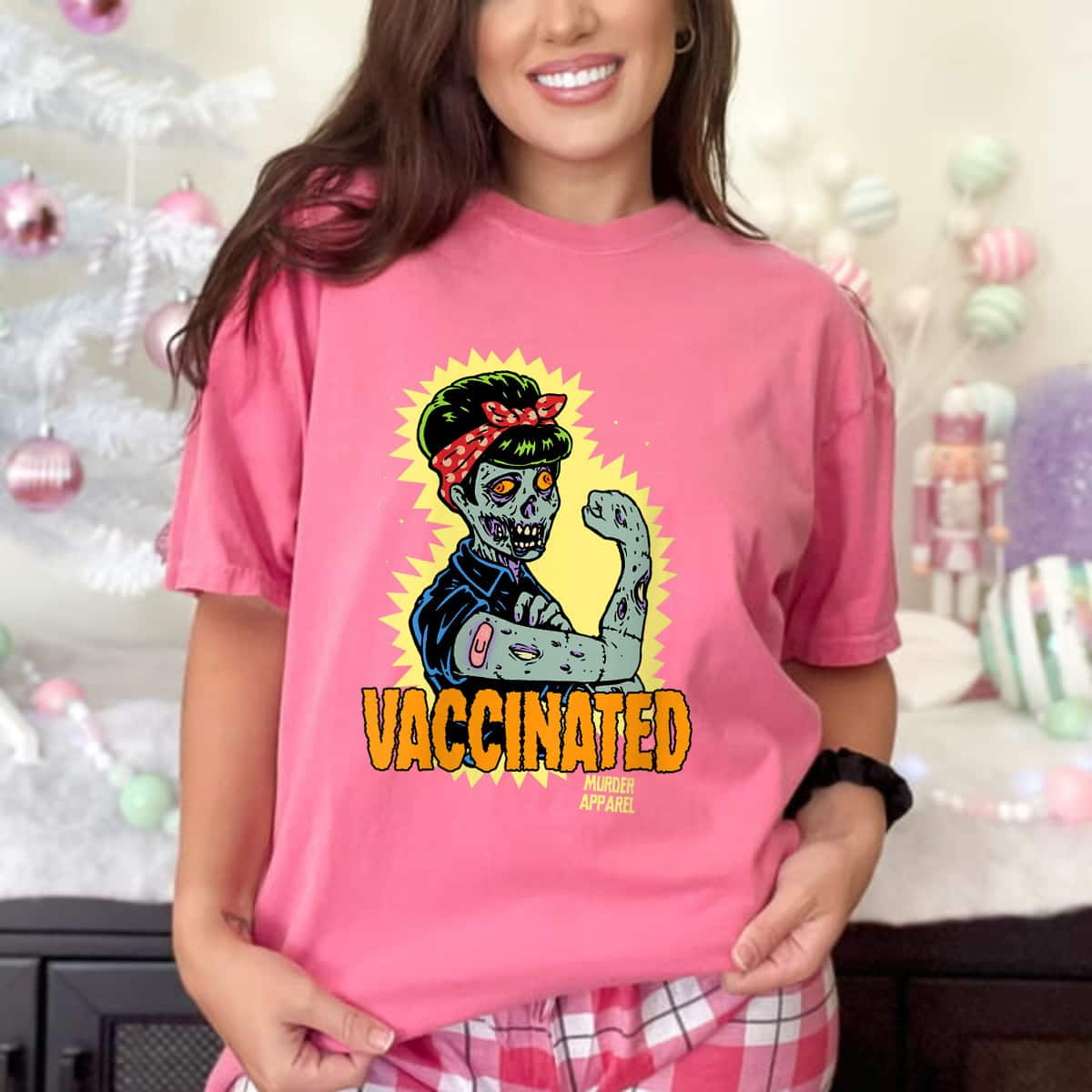 Womens Vaccinated Zombie Rosie Girl Power Feminist Goth Retro T-Shirt