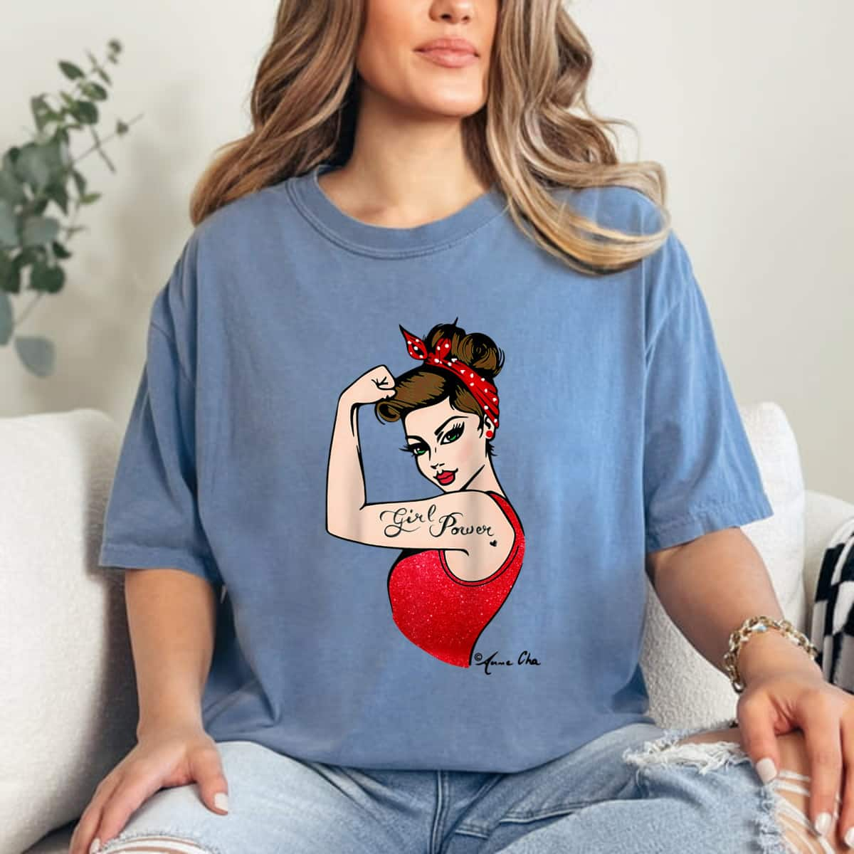 Red Girl Power Art By Anne Cha Pinup Inked Feminist Vintage T-Shirt