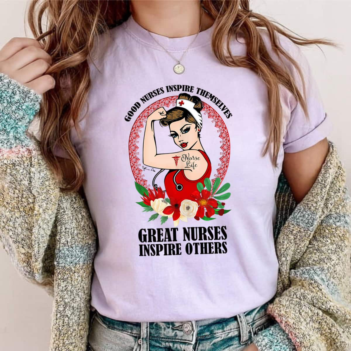 Nurse Life Girl Power Pin Up Rosie The Riveter Modern Art T-Shirt