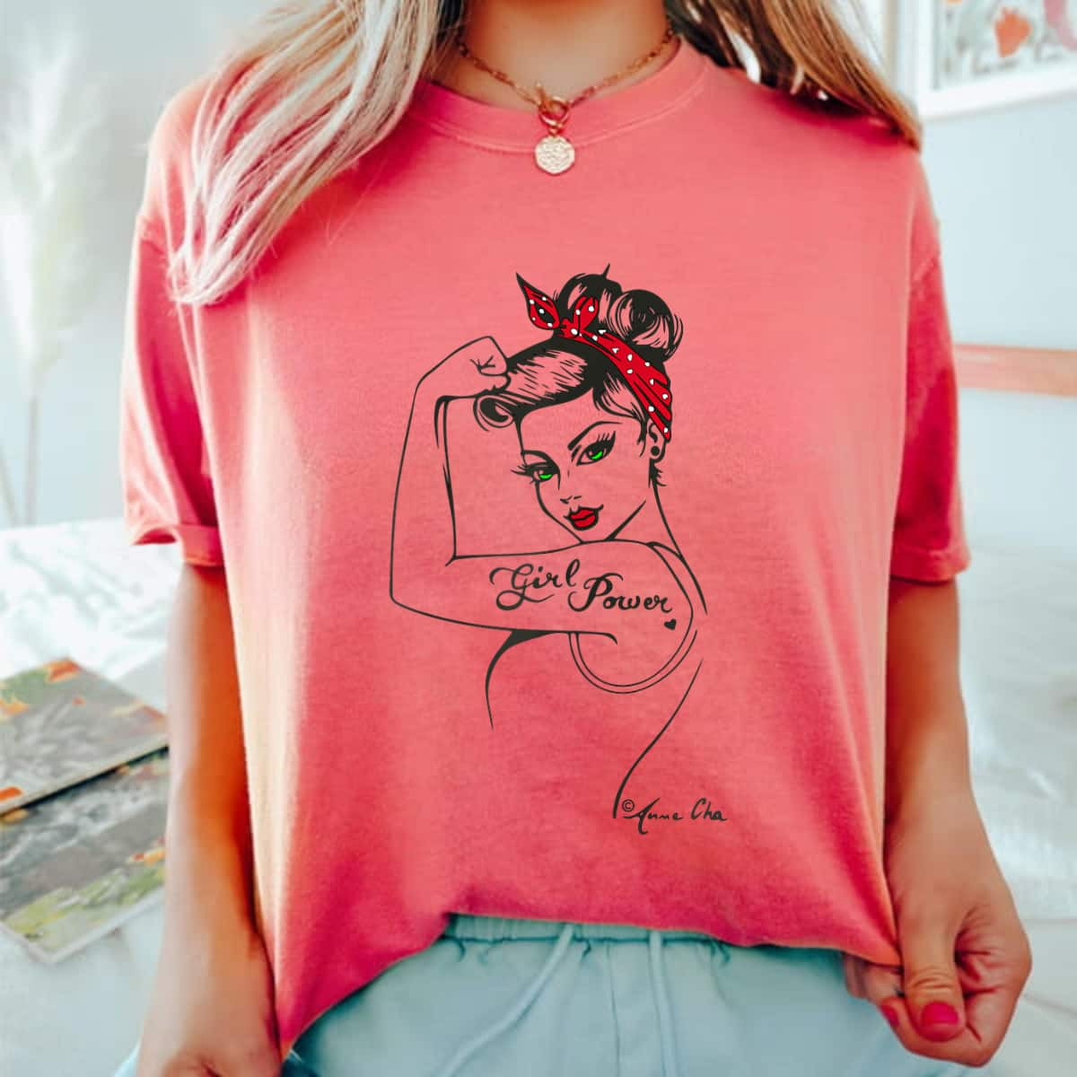 Womens Girl Power Pin Up Art Vintage Retro Style Feminist Icon Red T-Shirt