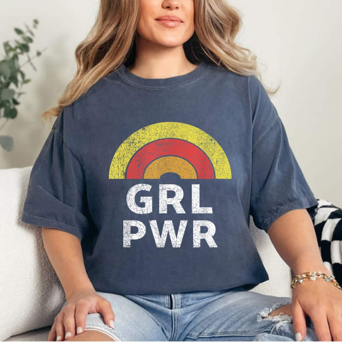 Girl Power Cute Happy Vintage Rainbow Feminist Woman GRL PWR T-Shirt