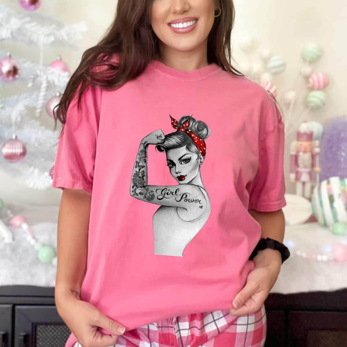 Womens Girl Power Pin Up Arm Sleeve Tattoo Ink Retro Vintage Rosie T-Shirt