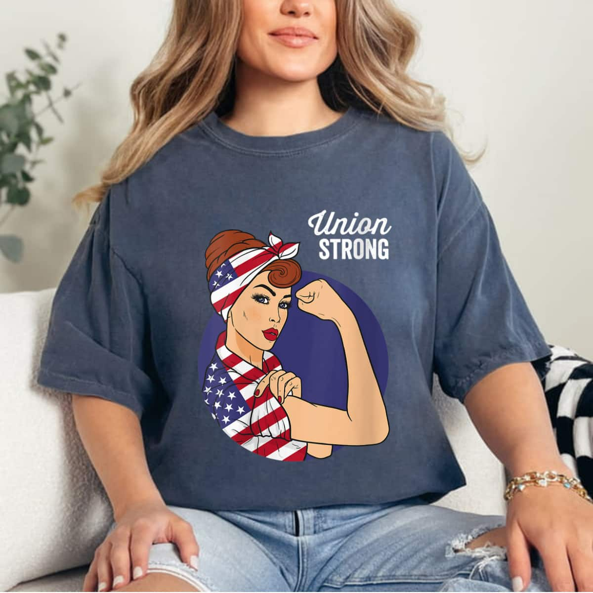 Womens Union Labor Day Rosie The Riveter USA Flag T-Shirt