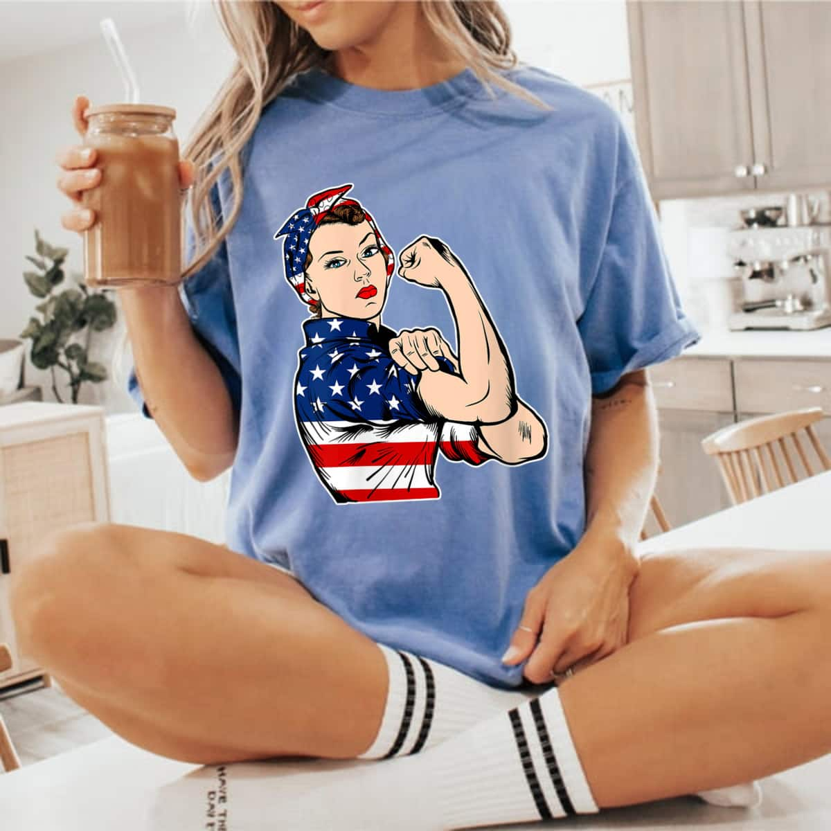 Womens Rosie The Riveter Bandana Feminist USA Flag 4th Of July T-Shirt