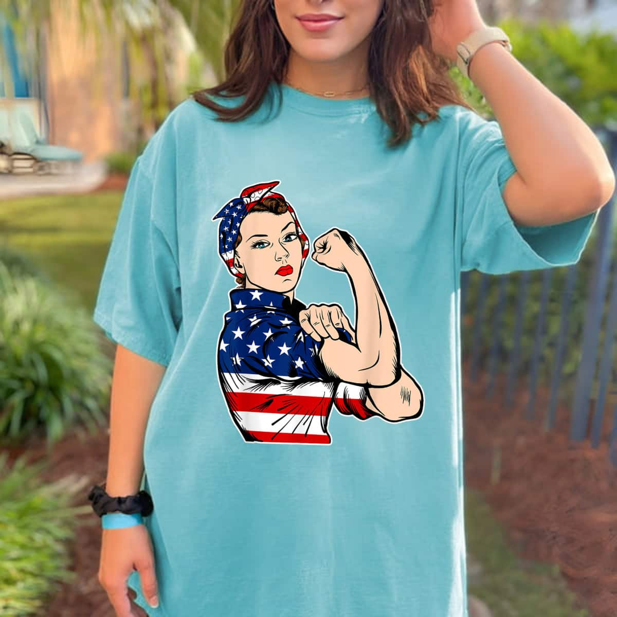 Rosie The Riveter Bandana Feminist USA Flag 4th Of July T-Shirt