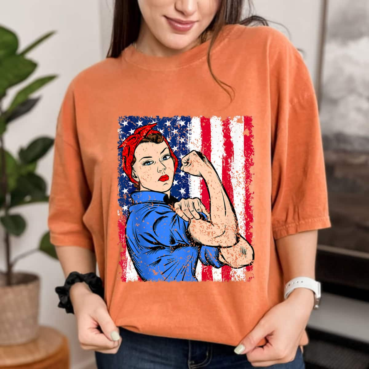 Rosie The Riveter Feminist Patriotic USA Flag 4th Of July T-Shirt