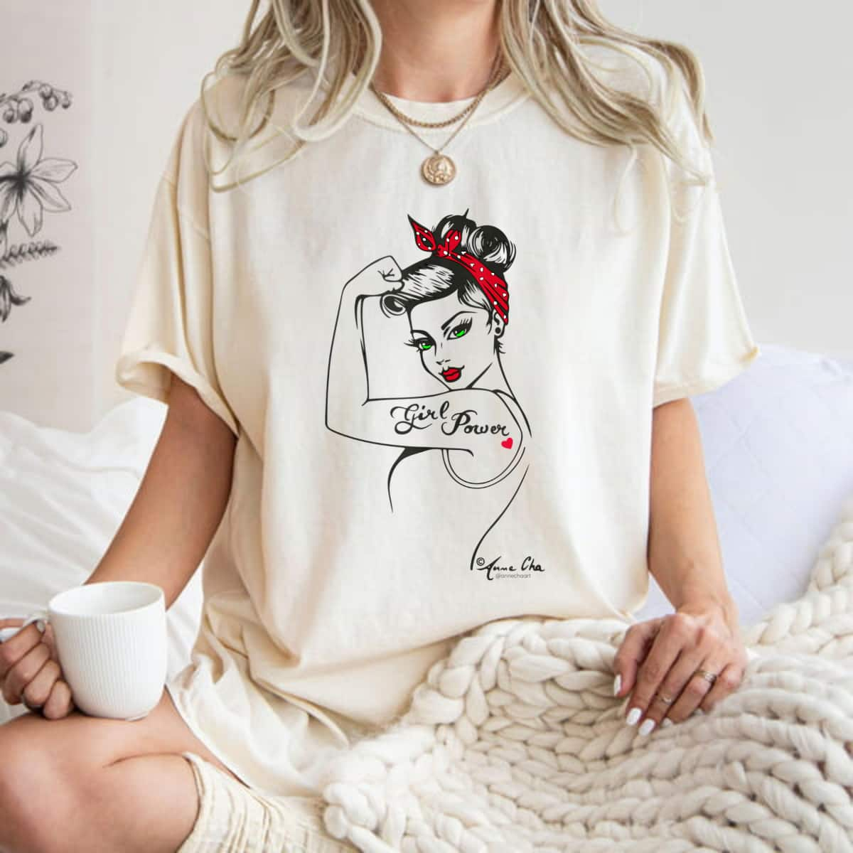 Girl Power Modern Rosie The Riveter Pin Up Retro Vintage Art T-Shirt