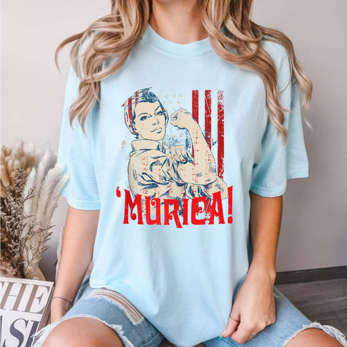 Murica Murica American Flag Distressed Rosie The Riveter T-Shirt