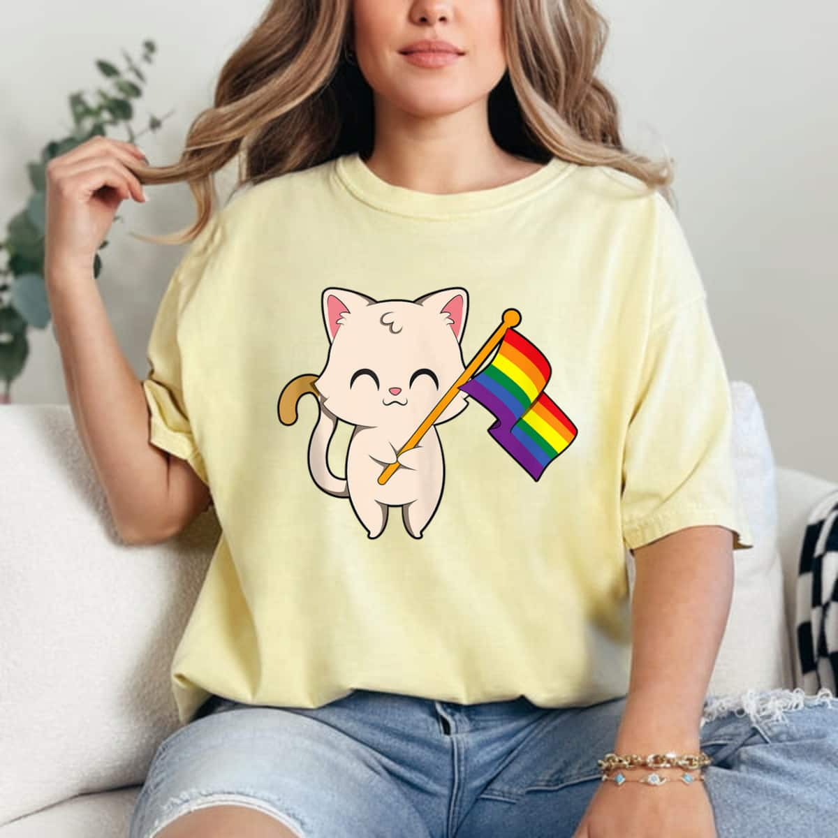 Cat Holding LGBT Flag Equality Pride T-Shirt