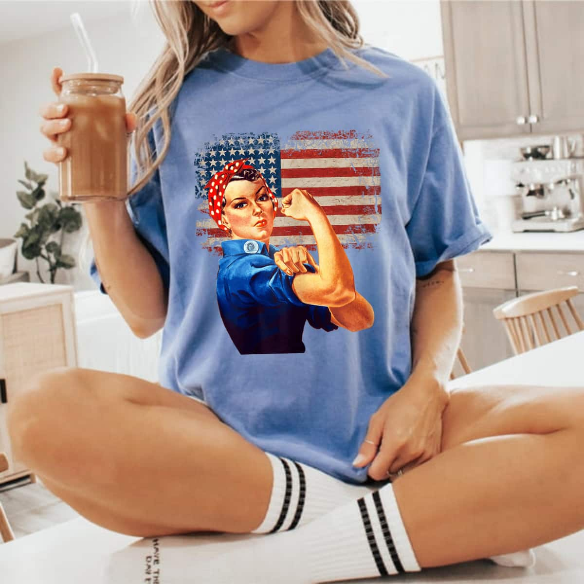 Womens Rosie The Riveter American Flag US Flag T-Shirt