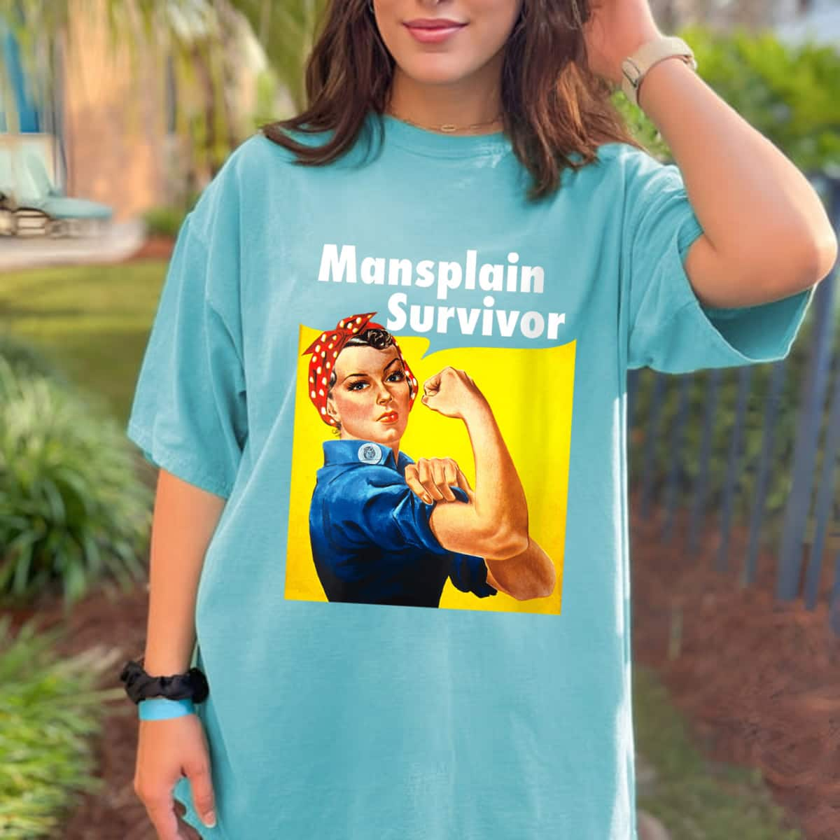 Womens Mansplain Survivor Feminist Women Funny Rosie The Riveter T-Shirt