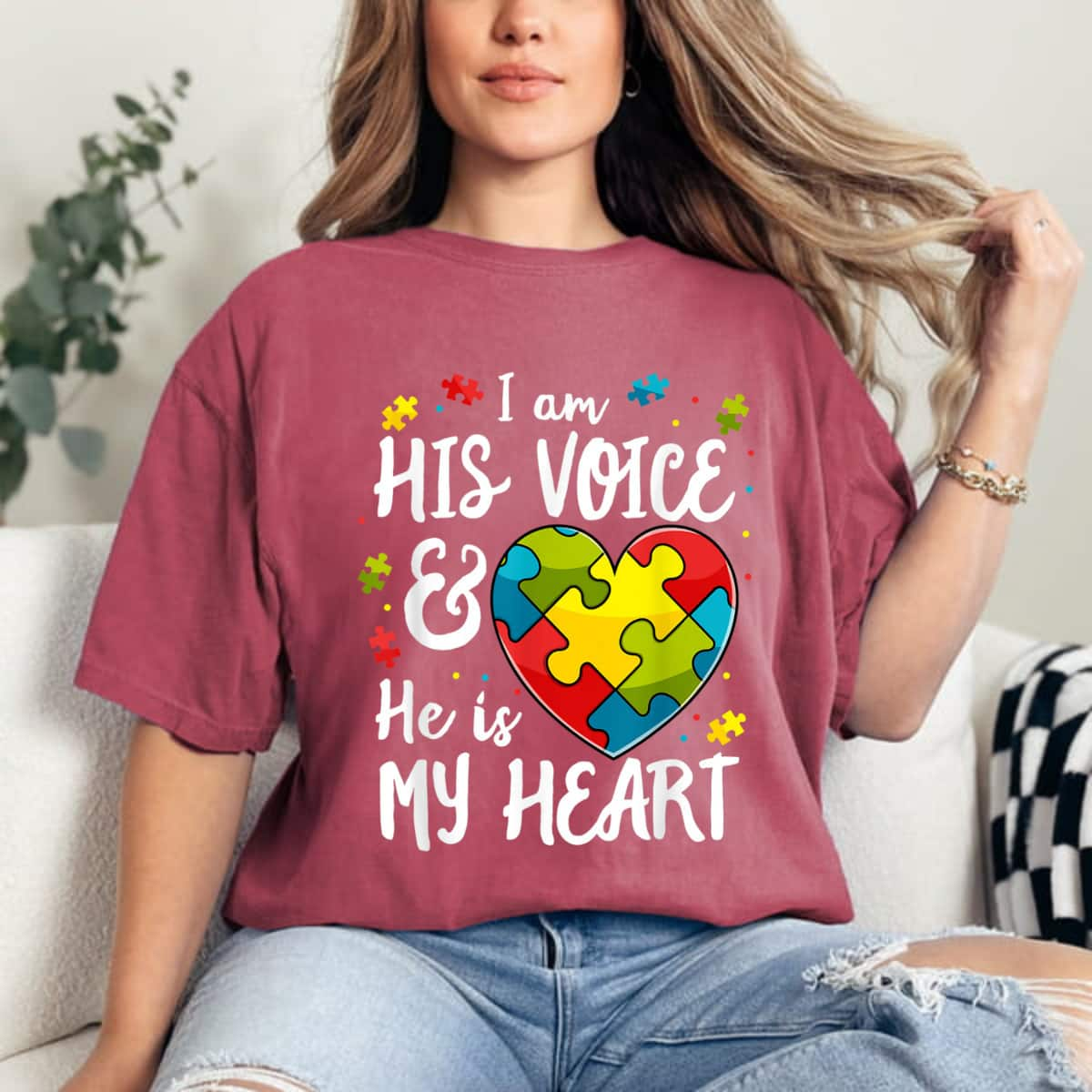 I Am His Voice He Is My Heart Autism Awareness For Mom Dad T-Shirt