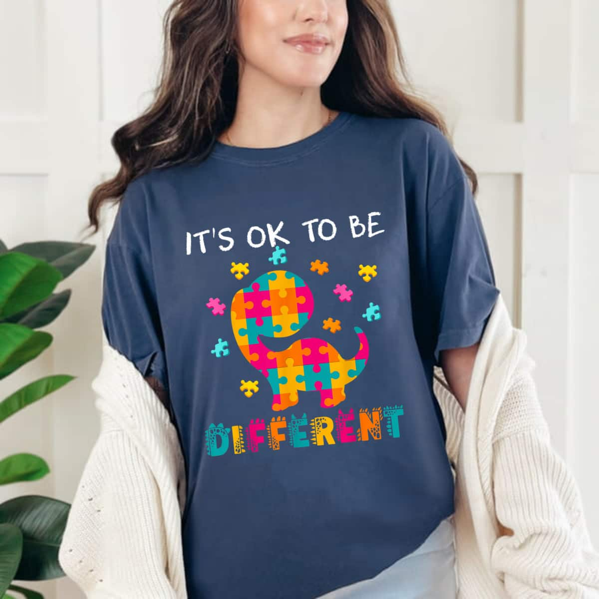 OK TO BE DIFFERENT Dinosaur Autism Awareness Month T-Shirt