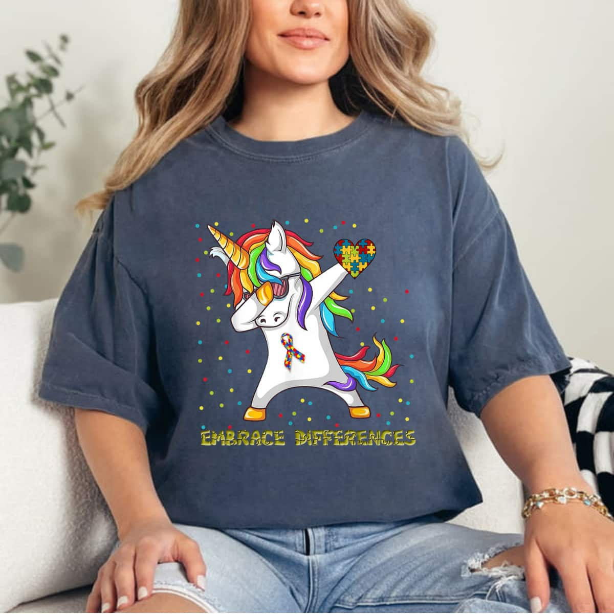 Embrace Differences Unicorn Dabbing Puzzle Autism Awareness T-Shirt