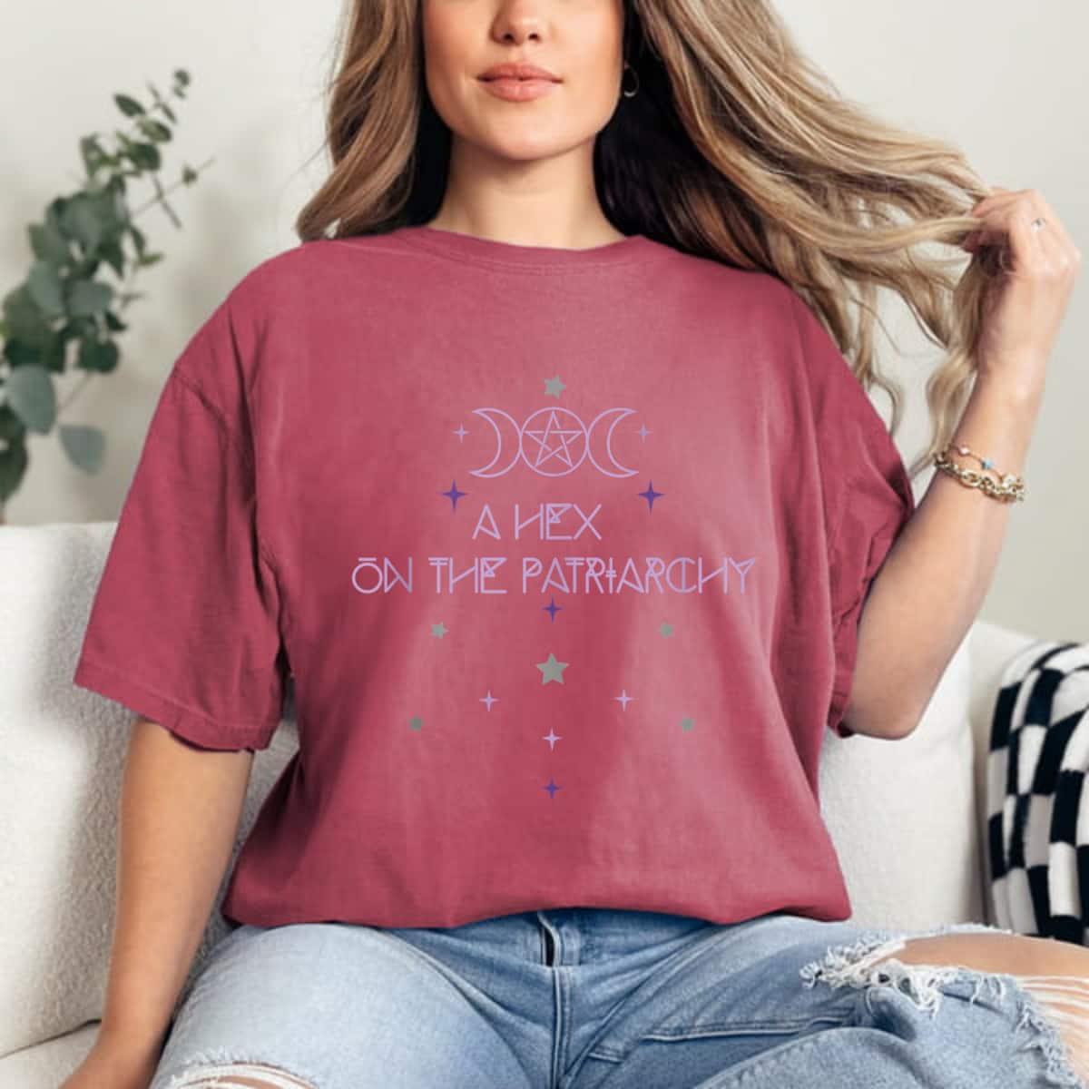 Feminist Goddess Moon Pentagram Witch Hex Patriarchy T-Shirt
