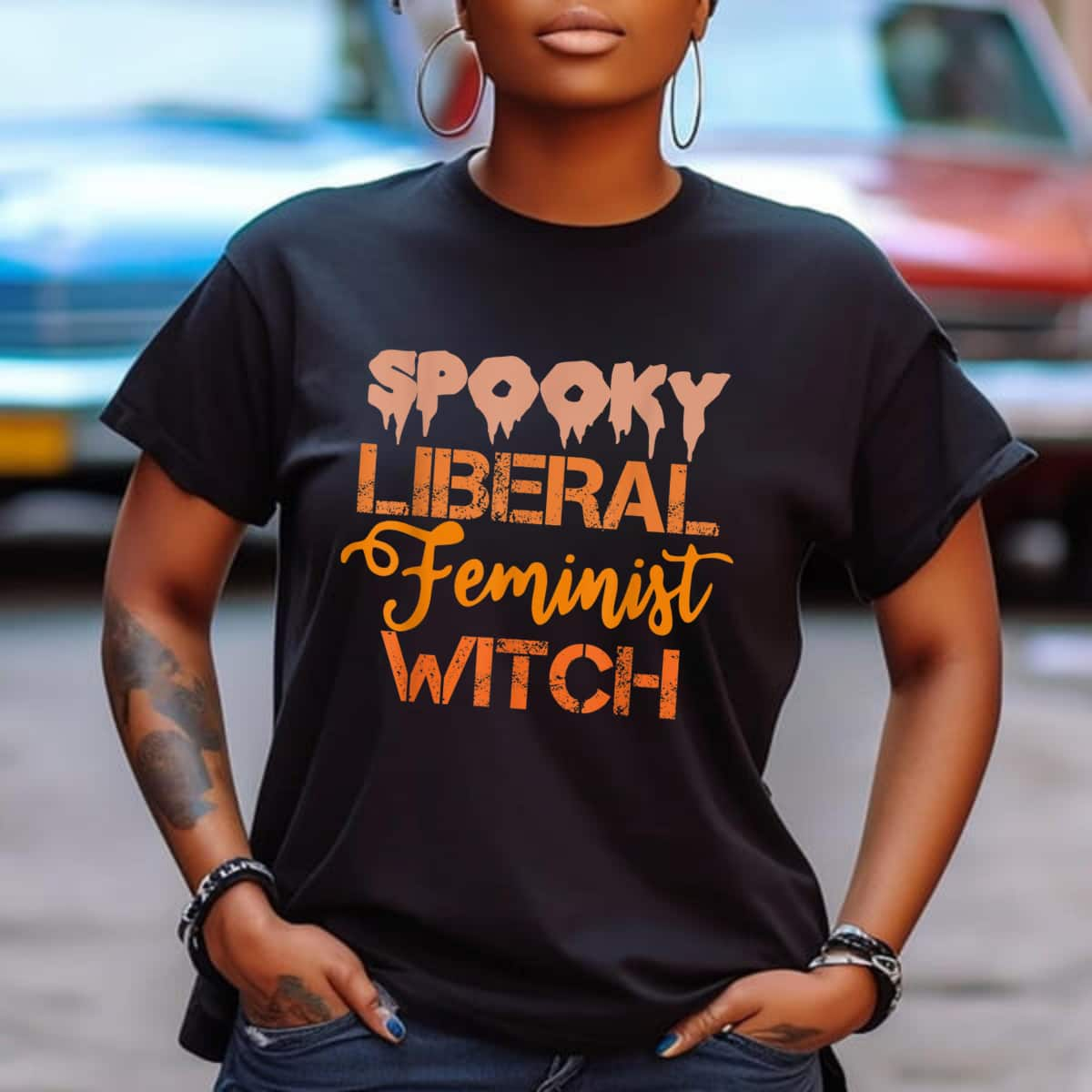 Spooky Liberal Feminist Witch Feminist Messy Bun Halloween T-Shirt