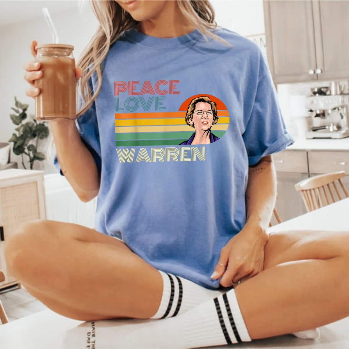 Peace Love Elizabeth Warren Retro Vintage Sunset Feminist T-Shirt