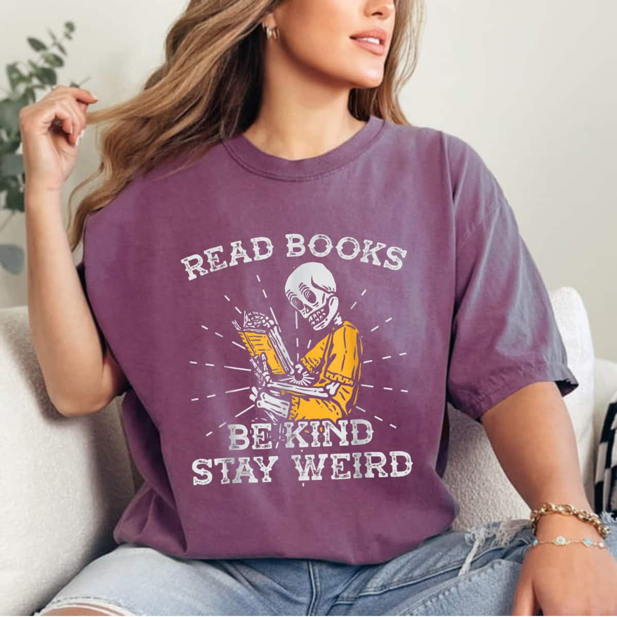 Read Books Be Kind Stay Weird Skeleton Reading Book T-Shirt