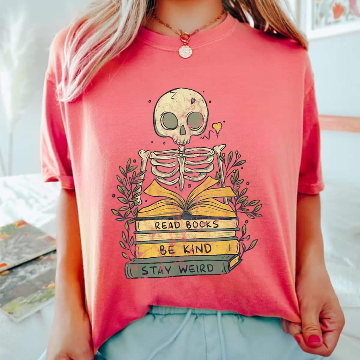 Read Book Be Kind Stay Weird Skeleton Book Worm T-Shirt