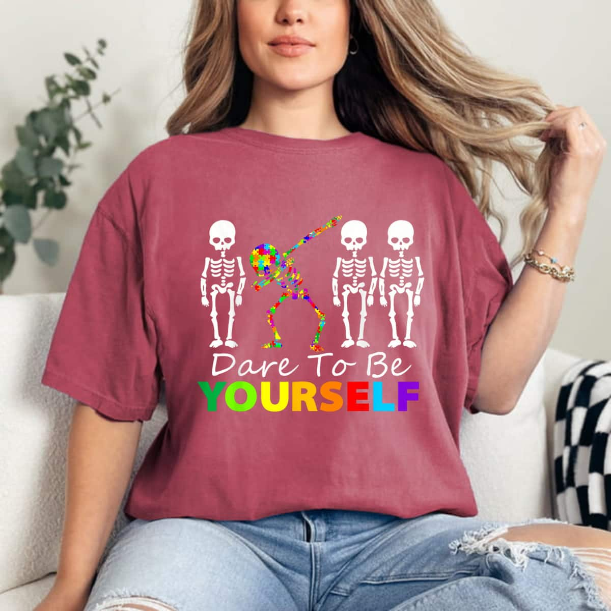 Skeleton Dabbing Dare To Be Yourself Funny Autism T-Shirt