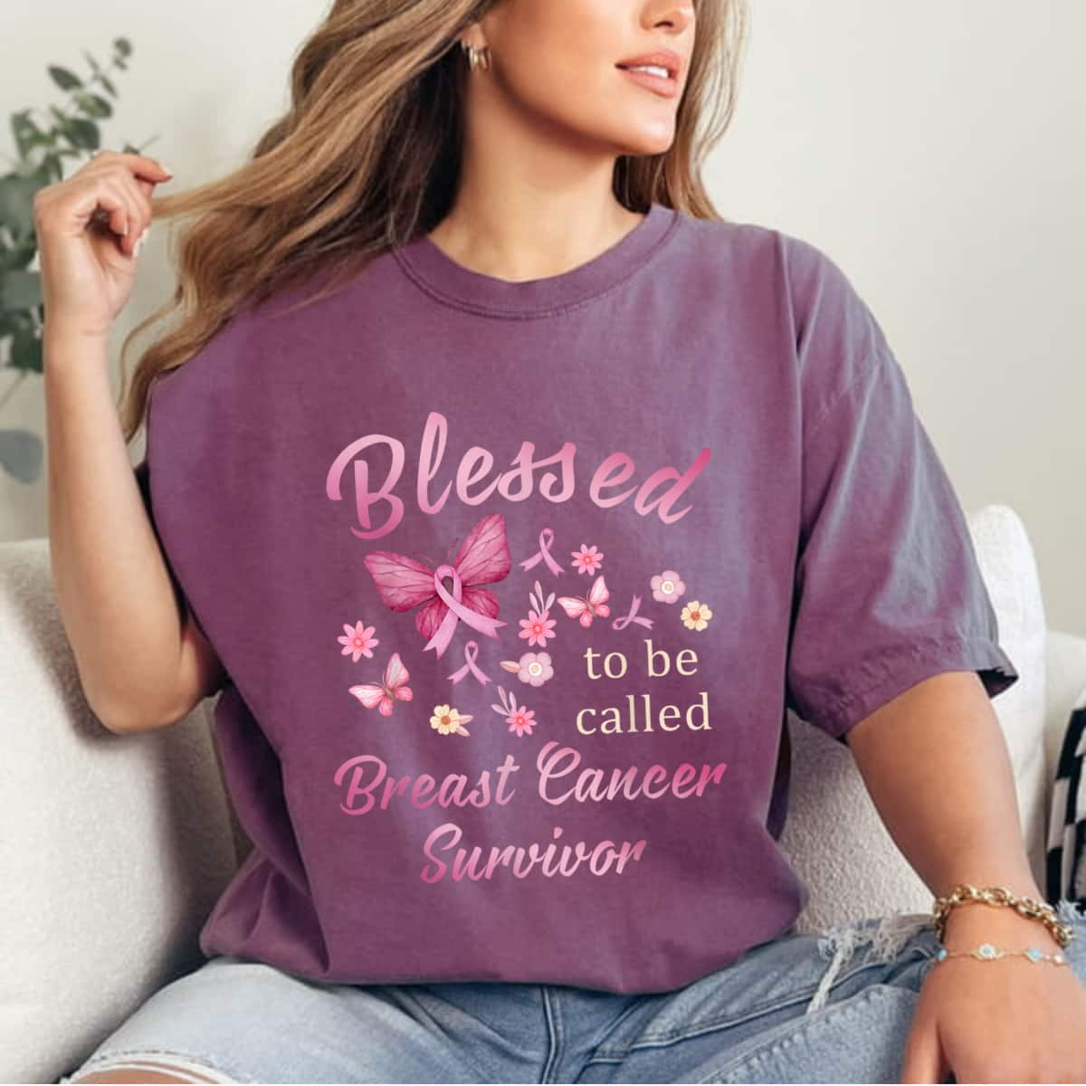 Blessed To Be Called Breast Cancer Survivor Pink Butterfly T-Shirt