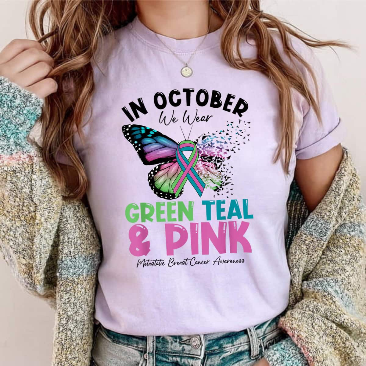 In October We Wear Green Teal Pink MBC Awareness Butterfly T-Shirt