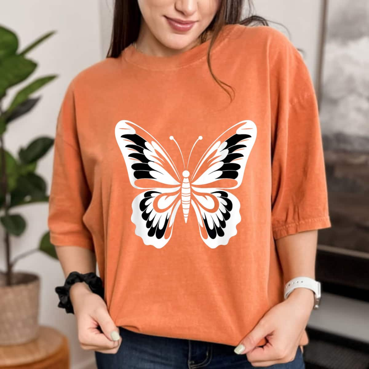 Cute Black And White Butterfly Graphic T-Shirt