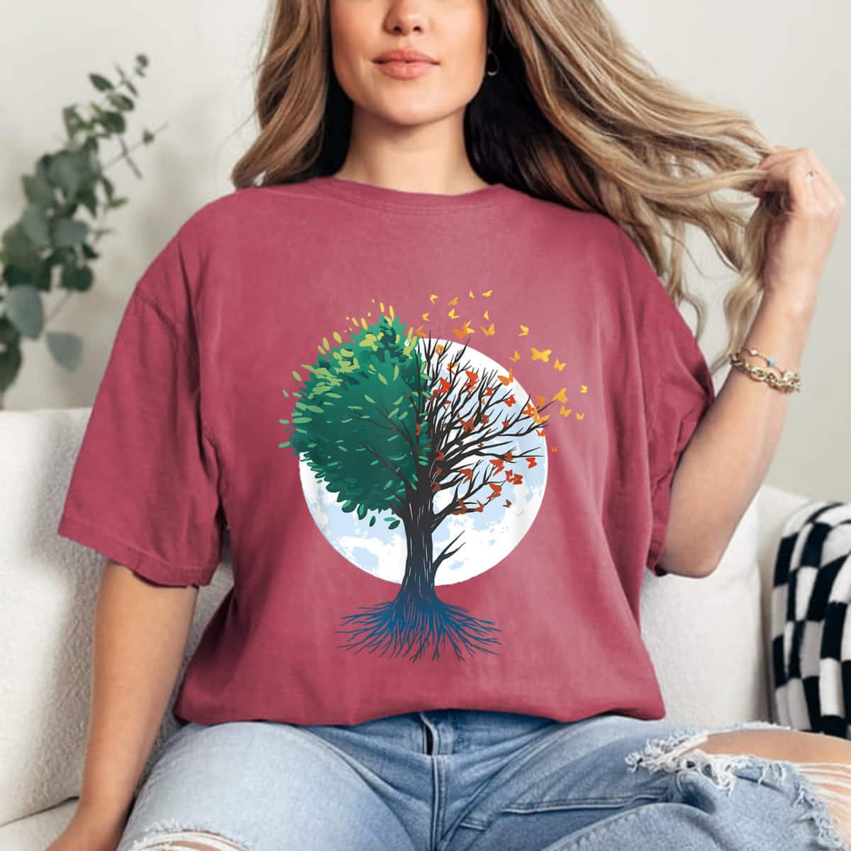 Tree And Butterflies Moon T-Shirt