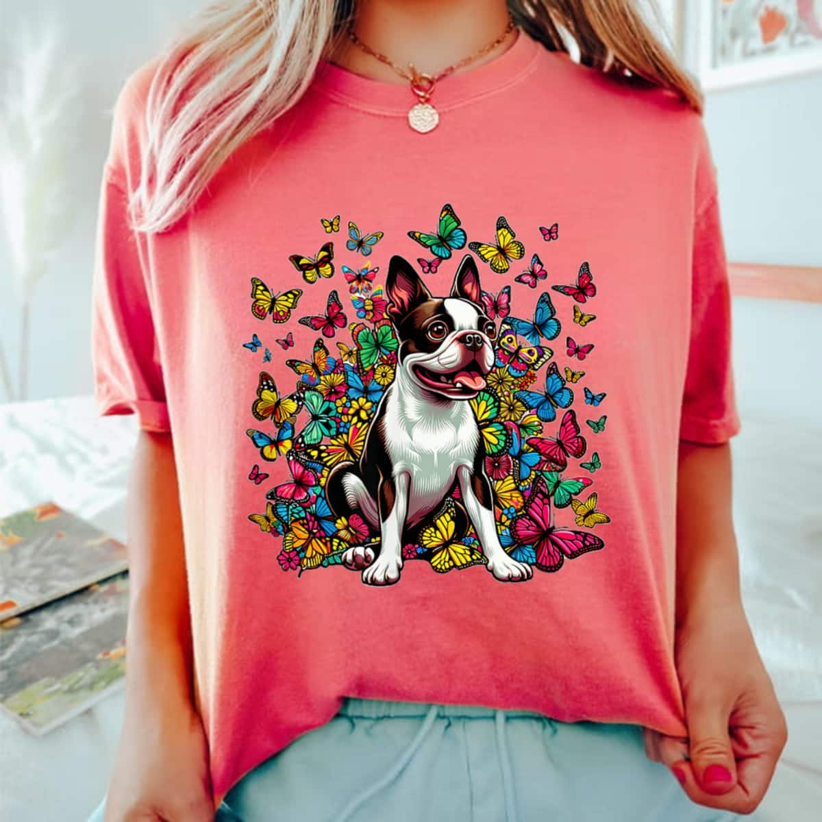 Boston Terrier Bostie Dog Puppy Butterflies Lover Girl T-Shirt