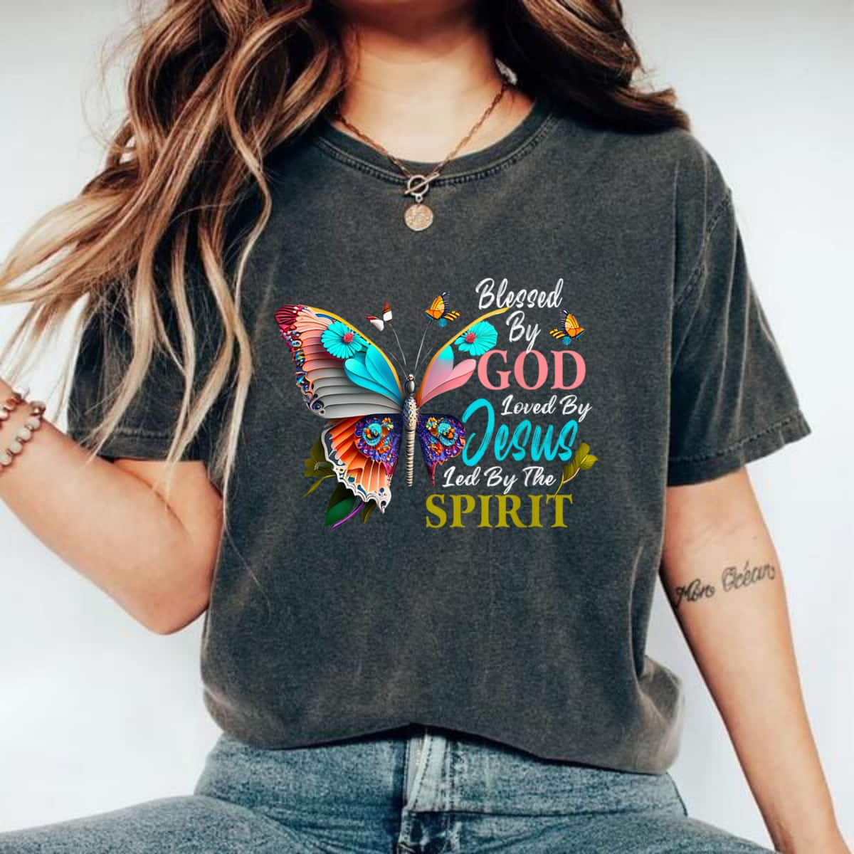 Blessed By God Loved By Jesus Floral Butterfly T-Shirt