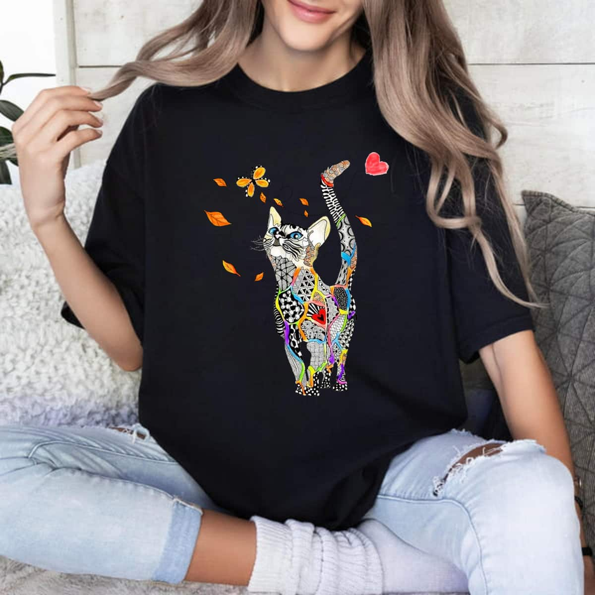 Tattooed Cat Butterfly T-Shirt