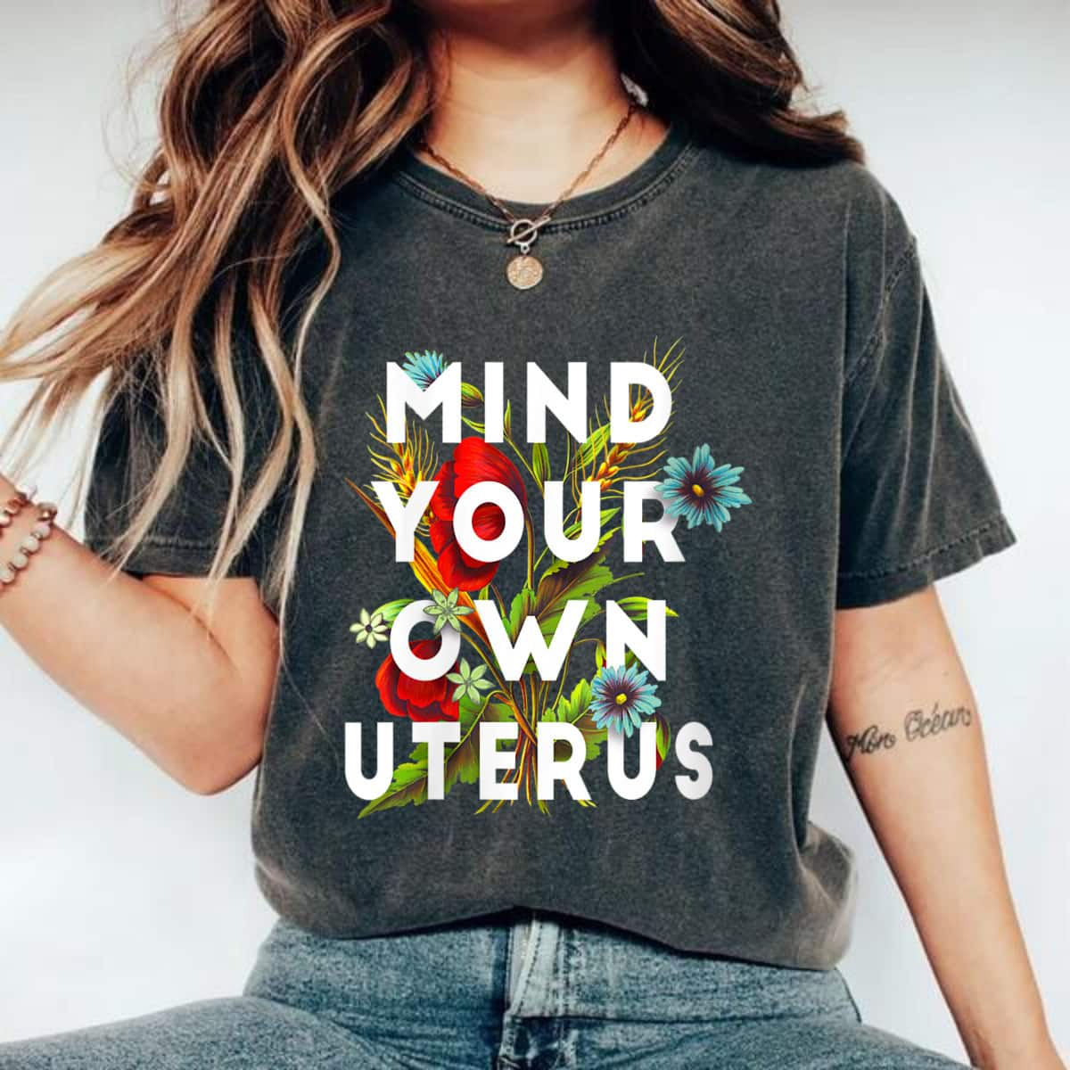 Vintage Retro Floral Mind Your Own Uterus Rights Feminist T-Shirt