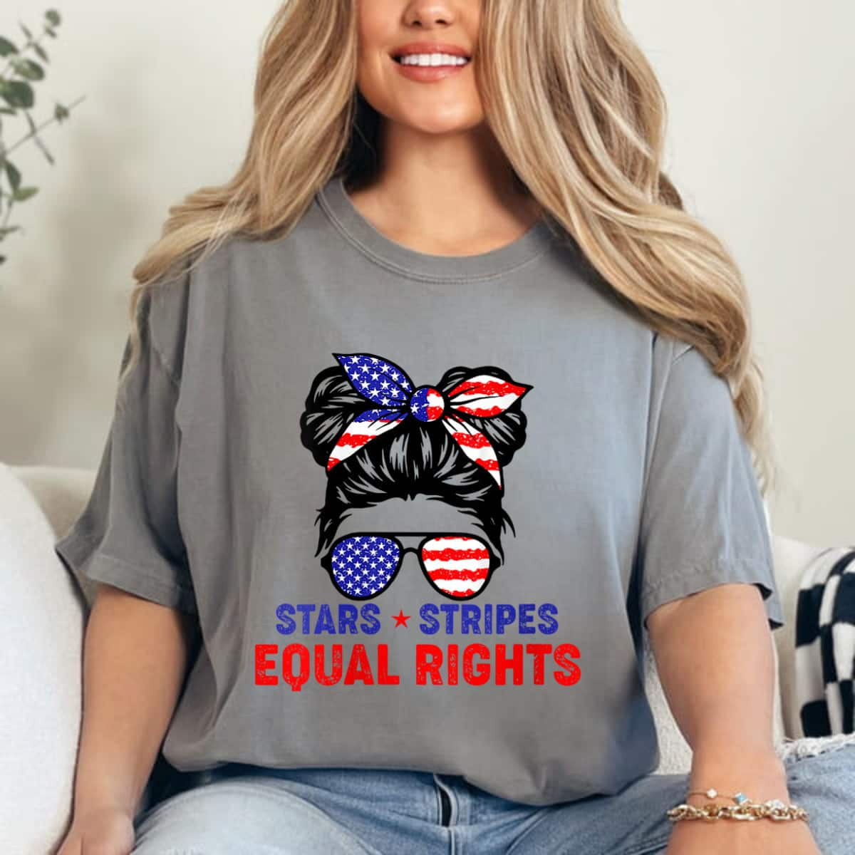 American Flag Star Stripes And Equal Rights Womens Messy Bun T-Shirt