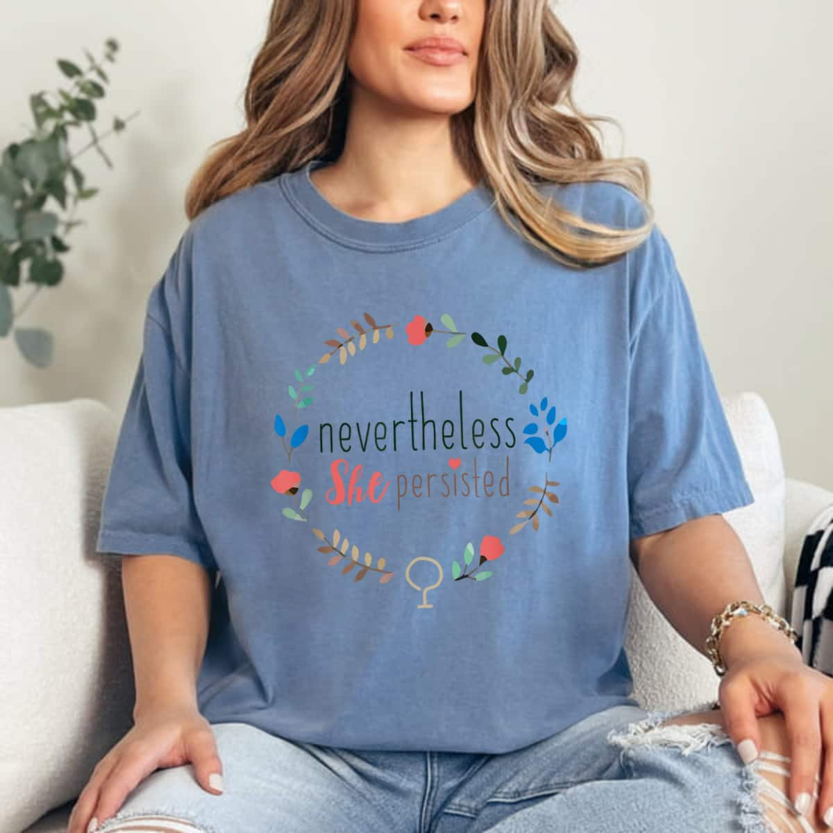 Floral Round Nevertheless She Persisted Quote T-Shirt