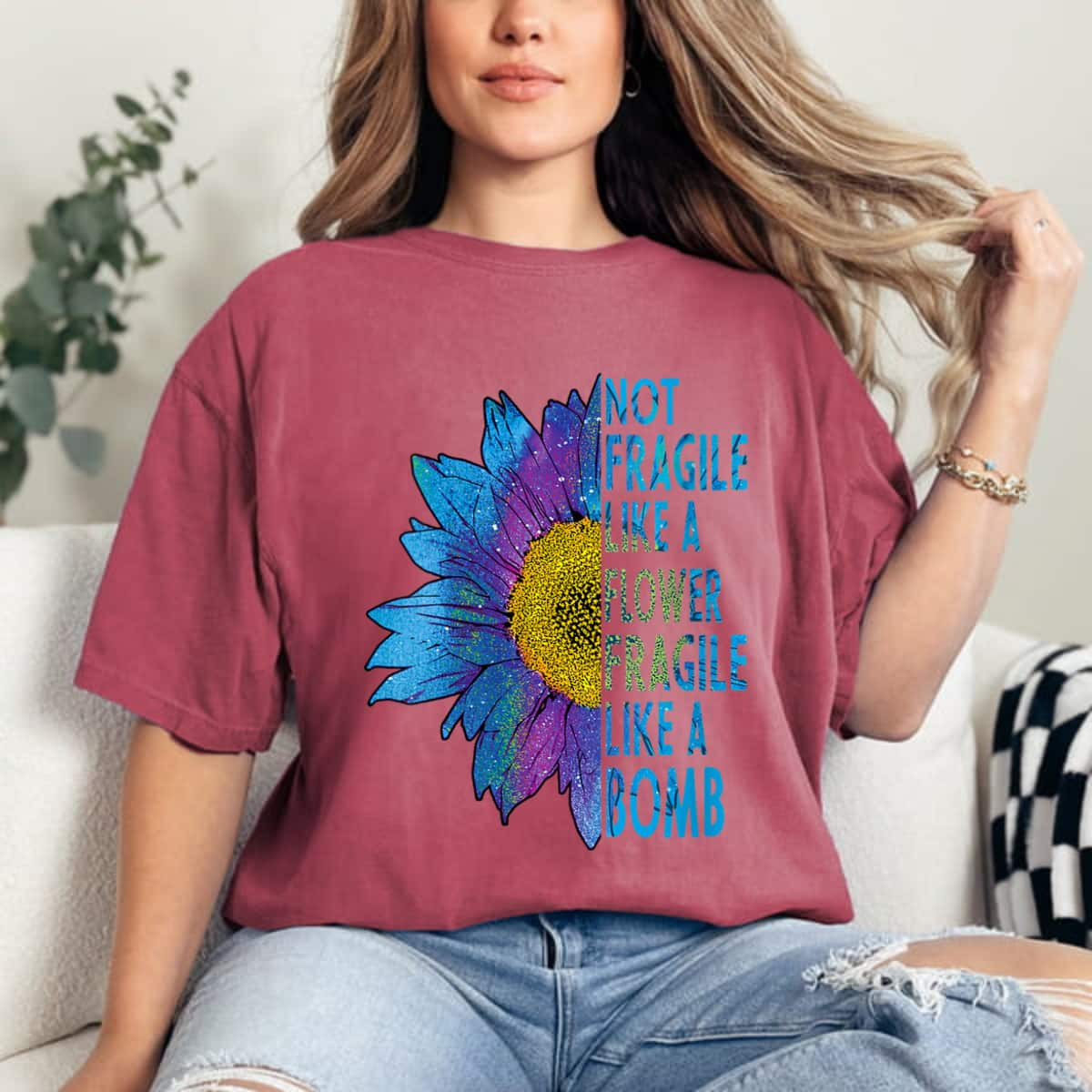 Not Fragile Like A Flower Fragile Like A Bomb Galaxy Colorful Sunflower T-Shirt