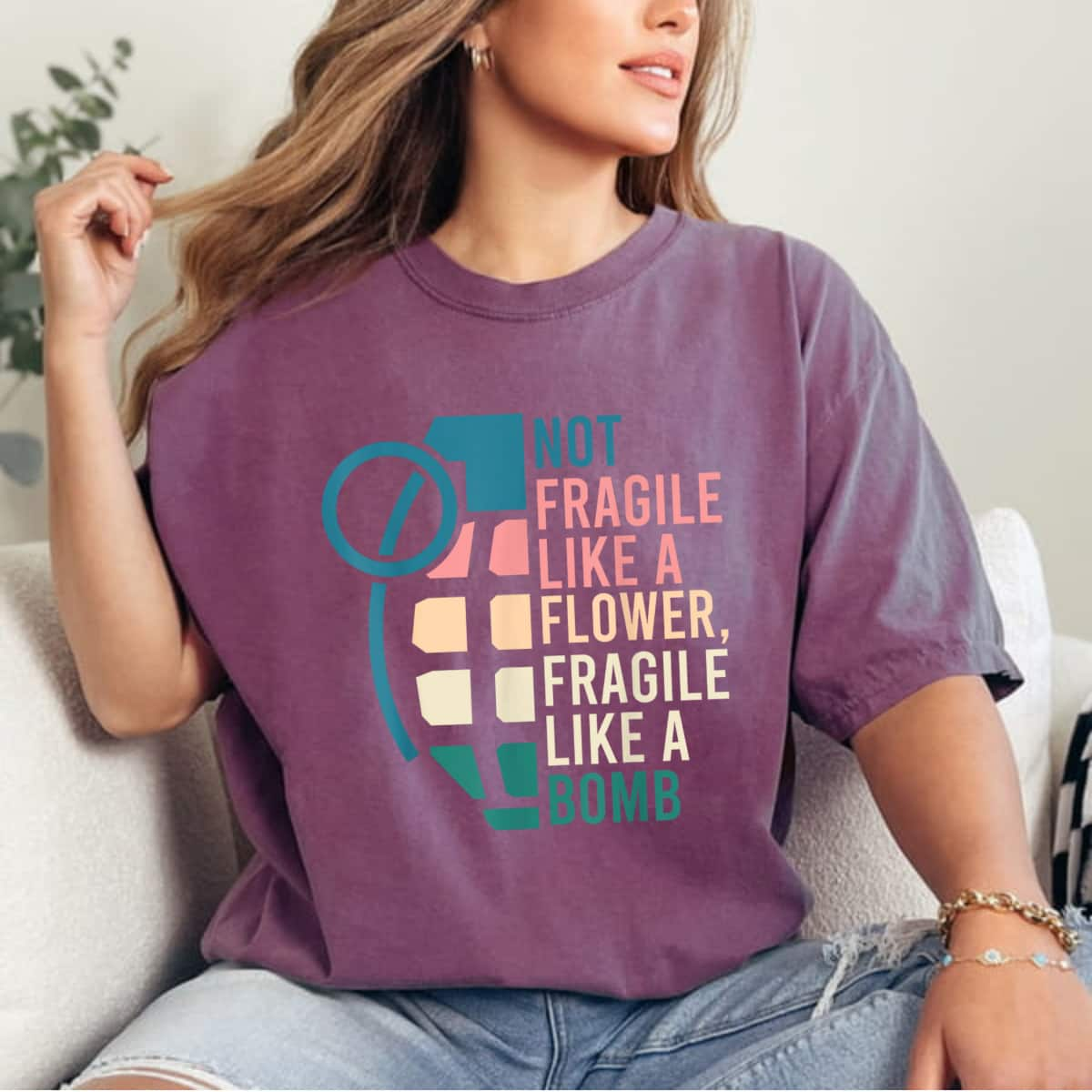 Colorful Retro Not Fragile Like A Flower Fragile Like A Bomb Strong Girls T-Shirt