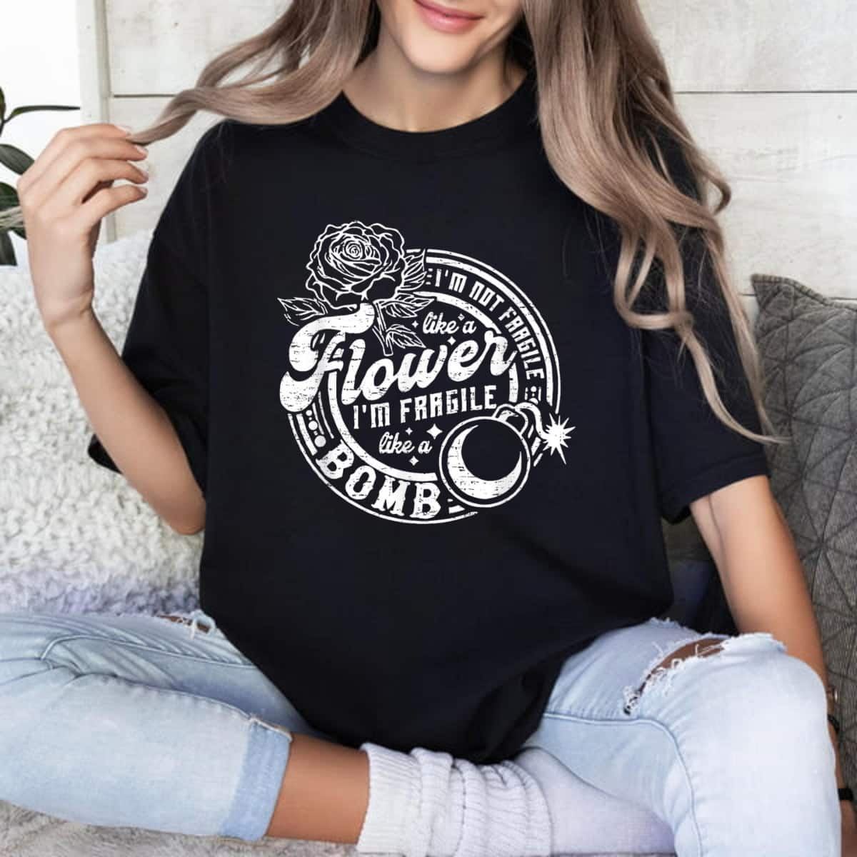 Retro Not Fragile Like A Flower Fragile Like A Bomb Roses T-Shirt