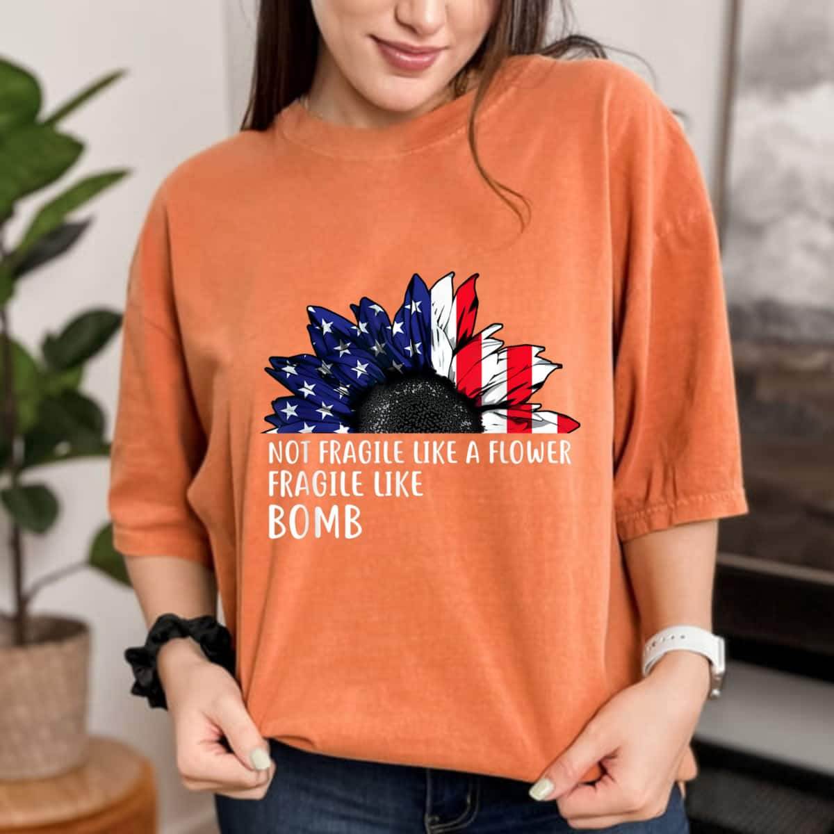 Not Fragile Like A Flower But A Bomb Sunflower USA Flag RBG T-Shirt