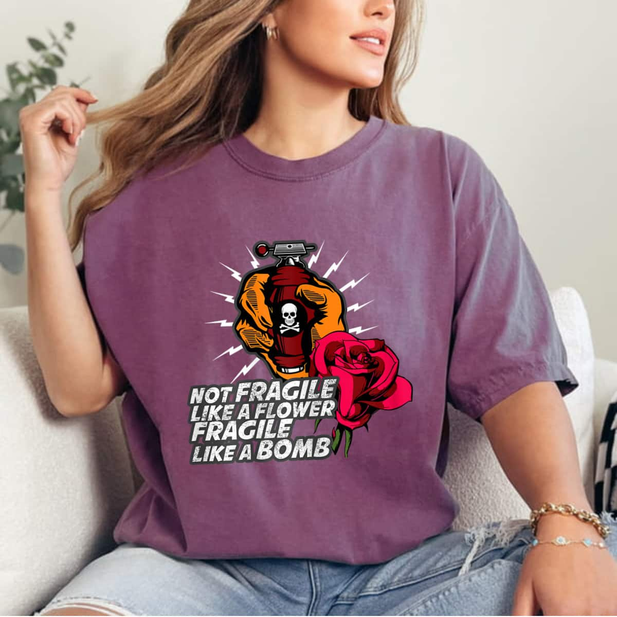 Womens Not Fragile Like A Flower Fragile Like A Bomb Roses T-Shirt