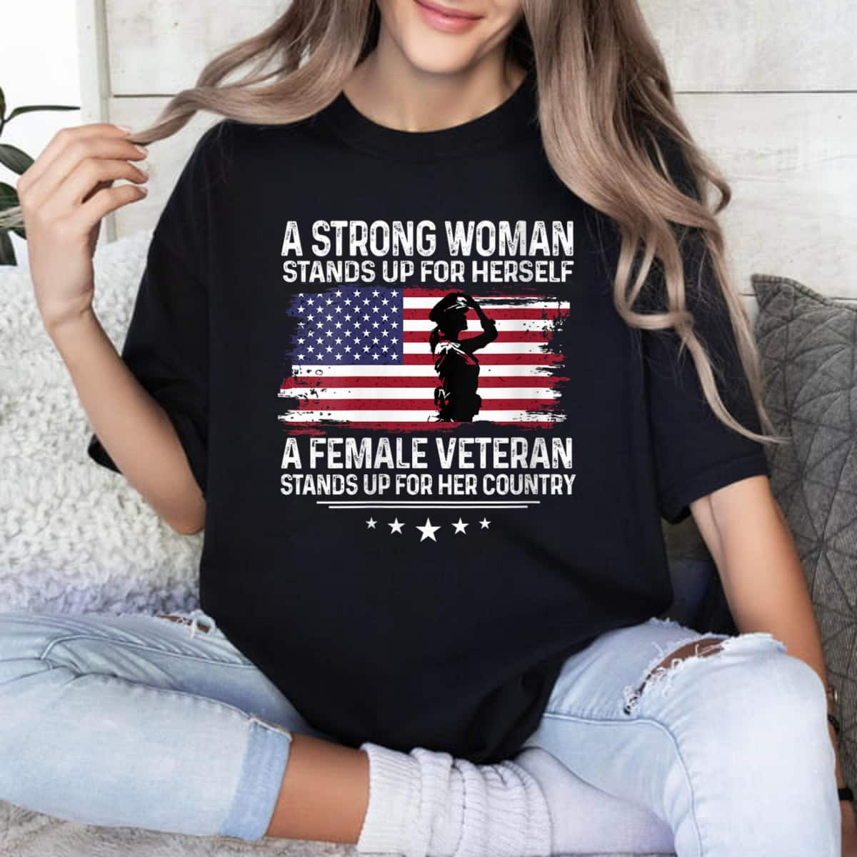 A Strong Woman Stands Up For Herself USA Flag T-Shirt