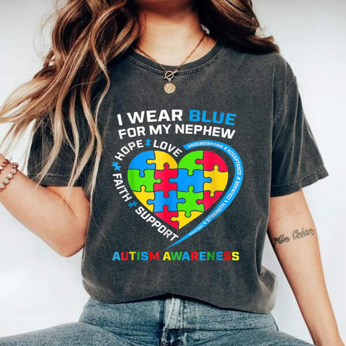 Colorful Heart I Wear Blue For My Nephew Autism Awareness T-Shirt