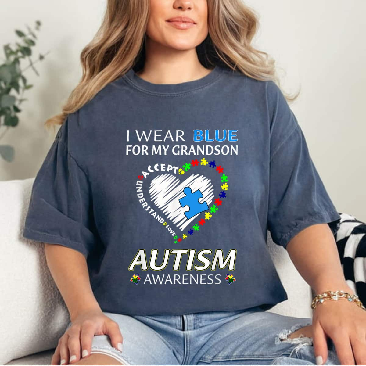 Autism Awareness I Wear Blue For My Grandson Accept T-Shirt