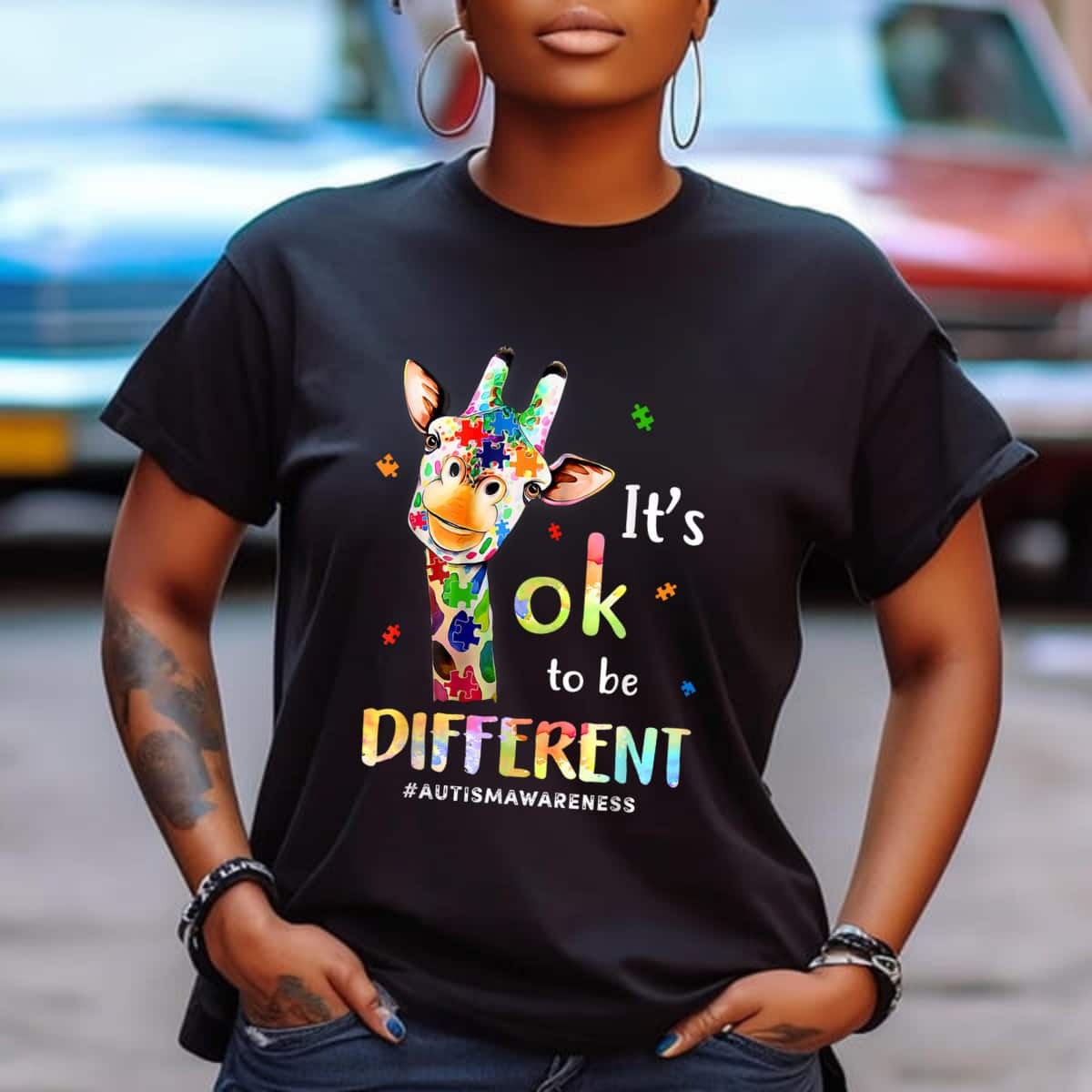 Giraffe Its Ok To Be Different Autism Awareness T-Shirt